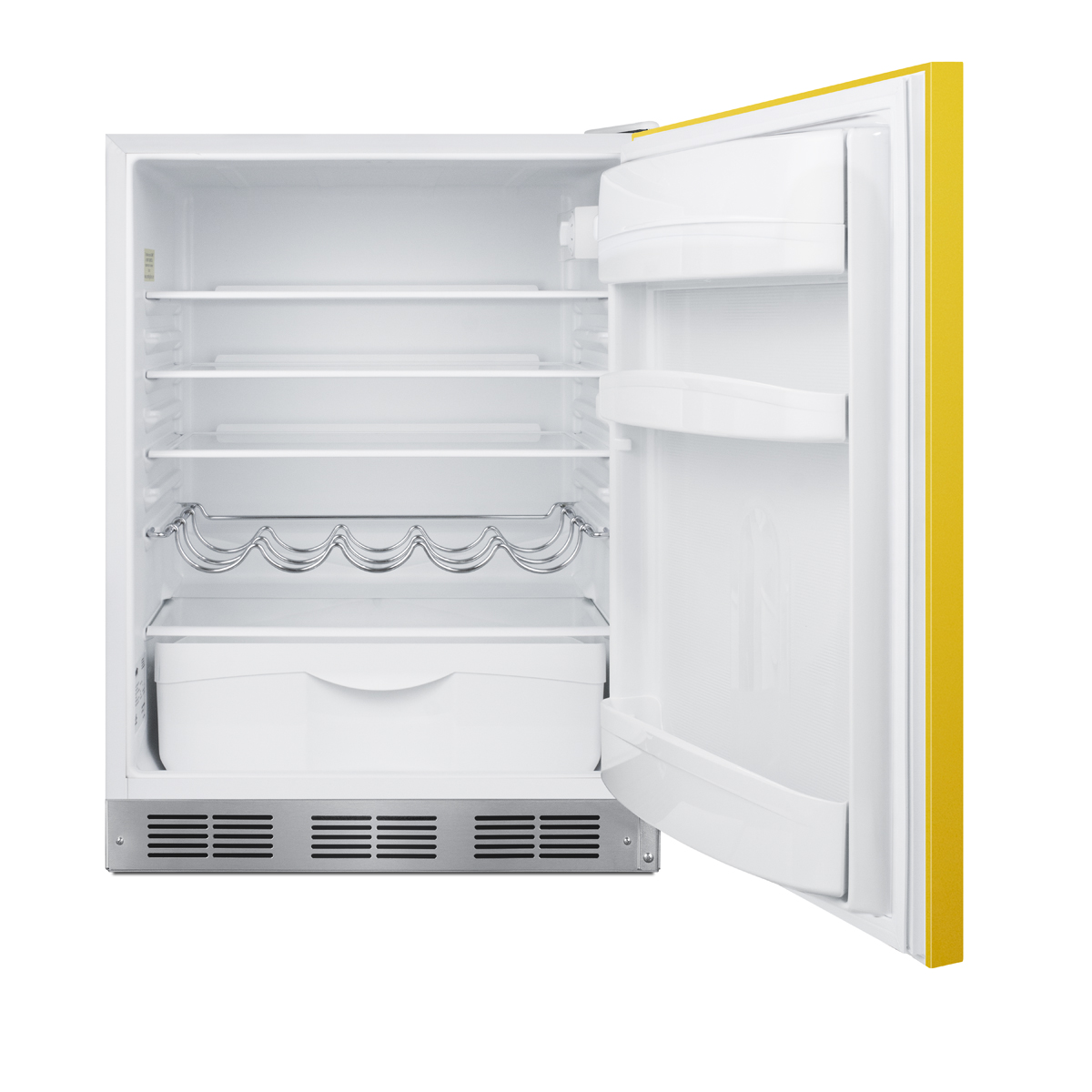24 in. wide all-refrigerator for residential use, auto defrost with a saffron gold door, stainless steel handle, and white cabinet